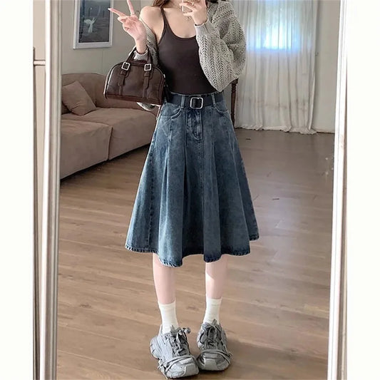 Summer Trendy Designer Lady High Waist Jeans Pleated Skirt Women Fashion Vintage Denim Skirts Girls Korean Casual Midi Skirts