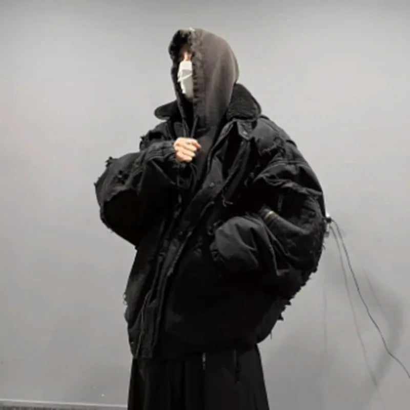 MWJLPWQ Fake Two Pieces Retro Distressed Hooded Cotton Jacket Men's New High Street Zipper Washed Hiphop Padded Winter 010528