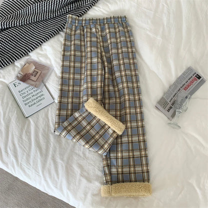 JMPRS Fashion Warm Plush Pants Thick Plaid Women Casual Loose Wide Leg Trousers Korean Streetwear Straight Student Pants New