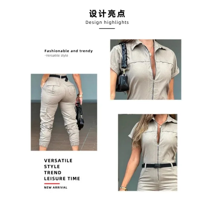 Fashion Women's Jumpsuit New Sexy Zipper Workwear Short Sleeved Lapel Multi Pocket Waistband Bodysuit Pants Female 2024 Summer
