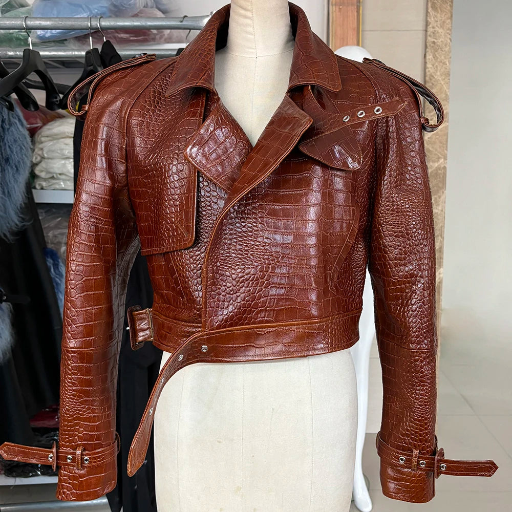 YOLOAgain Wide Shoulder Real Leather Jacket Women Oversized Genuine Leather Cropped Jacket