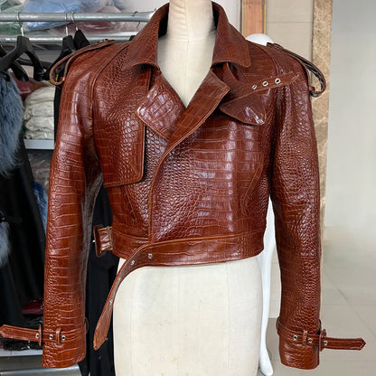 YOLOAgain Wide Shoulder Real Leather Jacket Women Oversized Genuine Leather Cropped Jacket