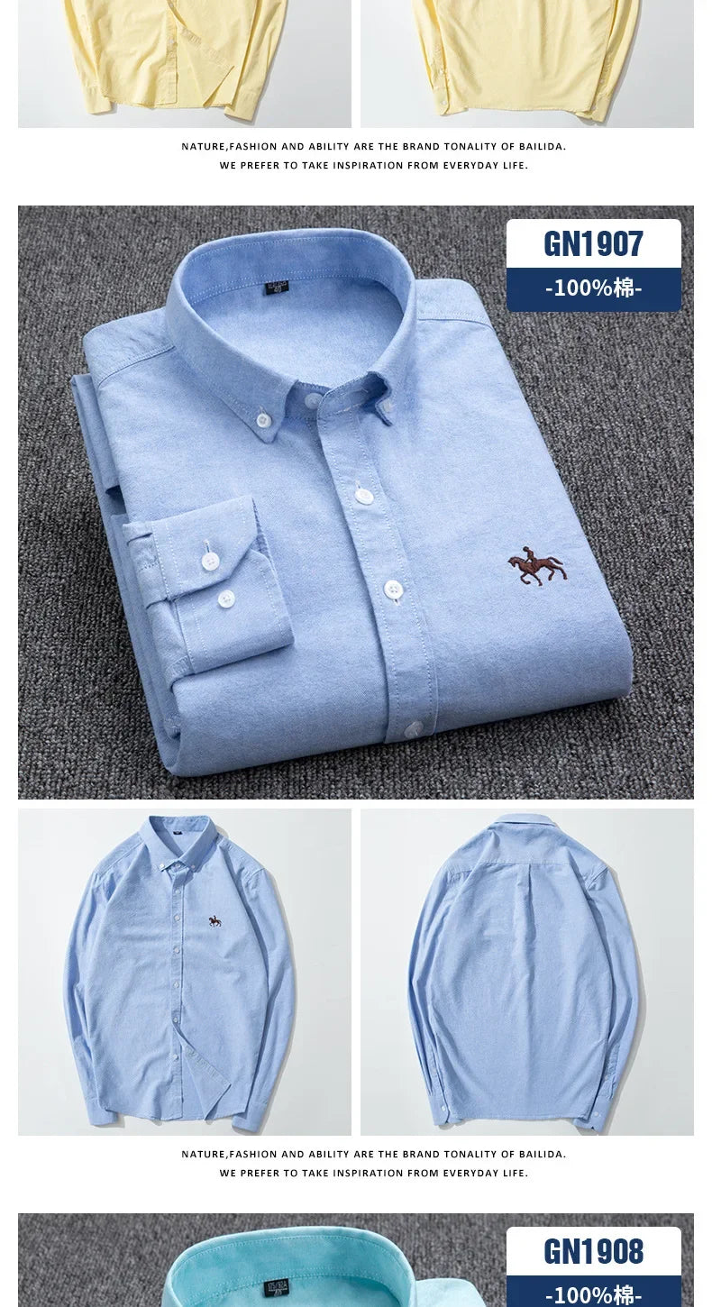 Casual cotton men's shirt slim fit horse logo bottom inch shirt Oxford spinning long sleeved striped shirt