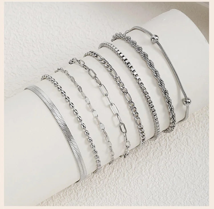 Women Chain Bracelet Silver Color, Stainless Steel Link Stackable Bracelets, Layered Waterproof Gifts