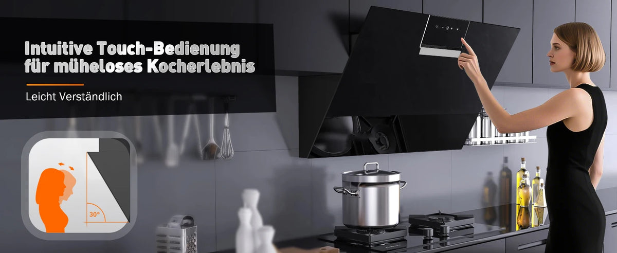 90cm Wall Mounted Cooker Hood 800m³/h A+++ LED Touch Control, Black Glass - Recirculation/Exhaust Option