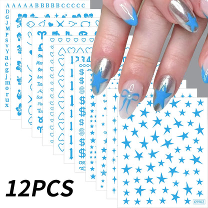12Pcs 3D Gold Sliver Stars Nail Stickers Bronzing Starlight Nail Art Decals Self Adhesive Slider Decals DIY Nail Tips Decoration