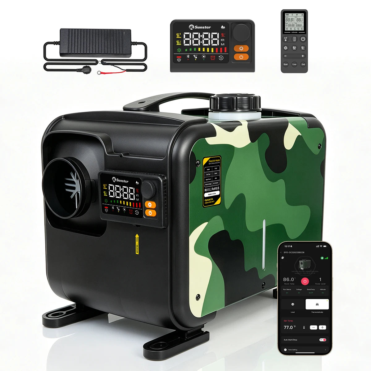8KW Portable Horizontal Diesel Air Heater 12V Bluetooth LCD Adapter For Car Truck RV Camper Motorhome Campinging Home Heating