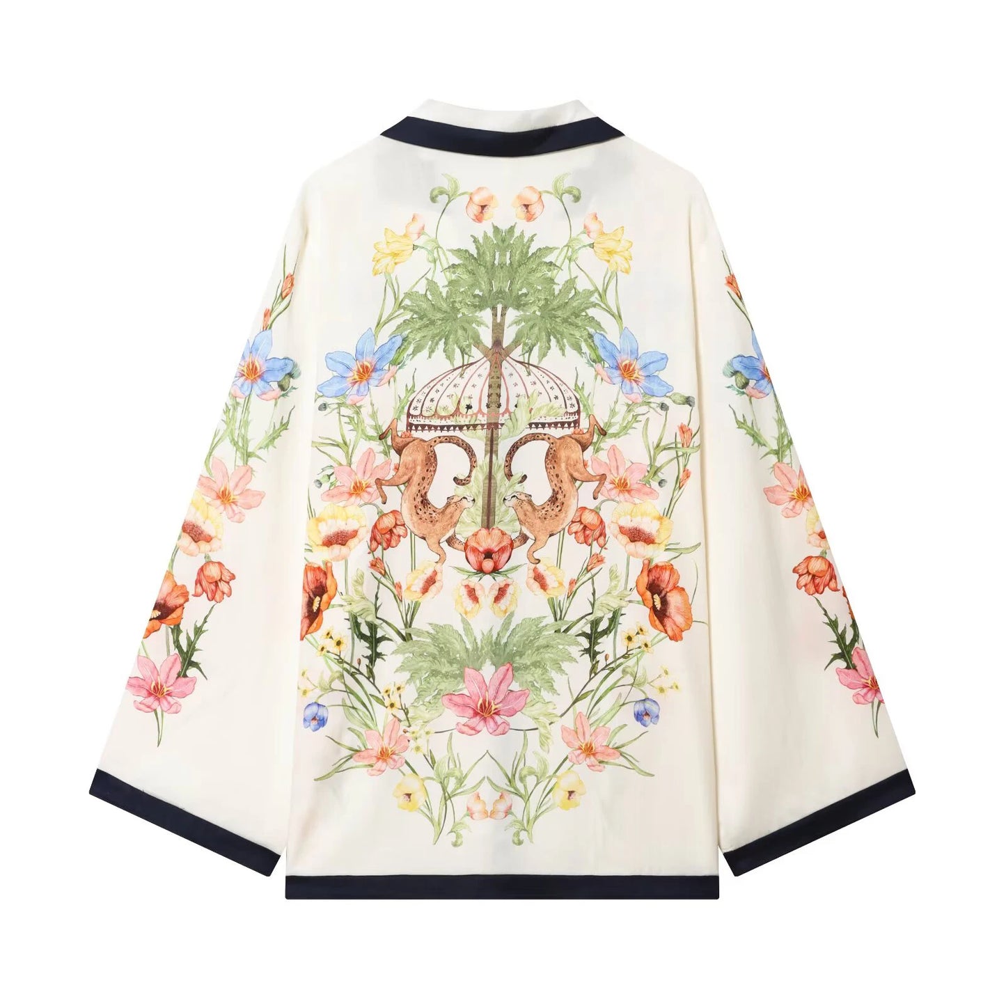 ZERAINS Casual style single row multi button lapel long sleeved contrasting printed shirt and printed pants set