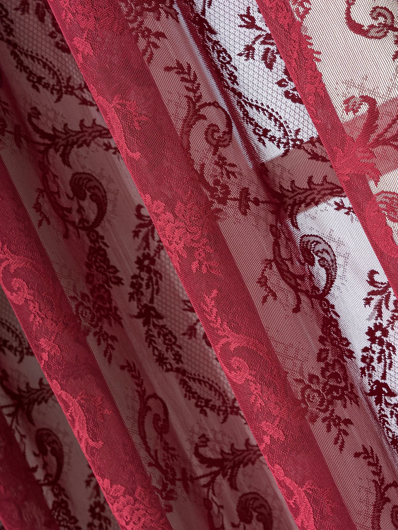 Vintage Burgundy Lace Sheer Curtains, Rod Pocket Ruffled Lace Window Curtains for Living Room Bedroom