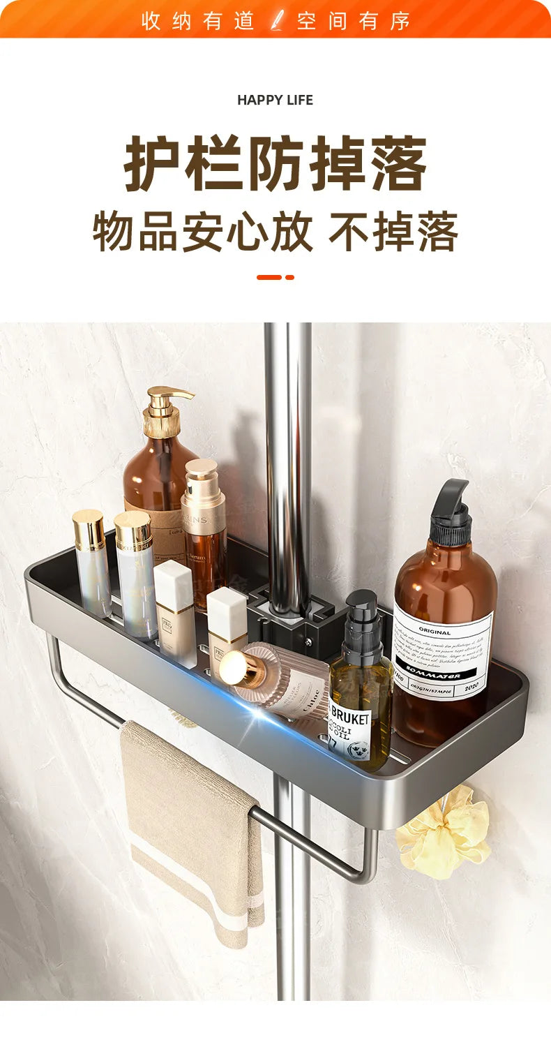YM No-Drill Installation Bathroom Showerhead Storage Rack Tray Rain Shower Rod Holder Lift Bracket for Bathroom Organization