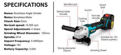 Gisam 125mm M14 Brushless Angle Grinder Cutting Machine Cordless Electric Angle Grinder Power Tools for Makita 18V Battery Pins