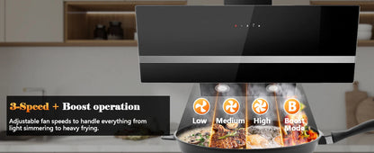 90cm Wall Hood, A+++ Energy Class, 400 m³/h, Touch Control, LED Light, Black Stainless Steel/Glass, Quiet 58 dB‌