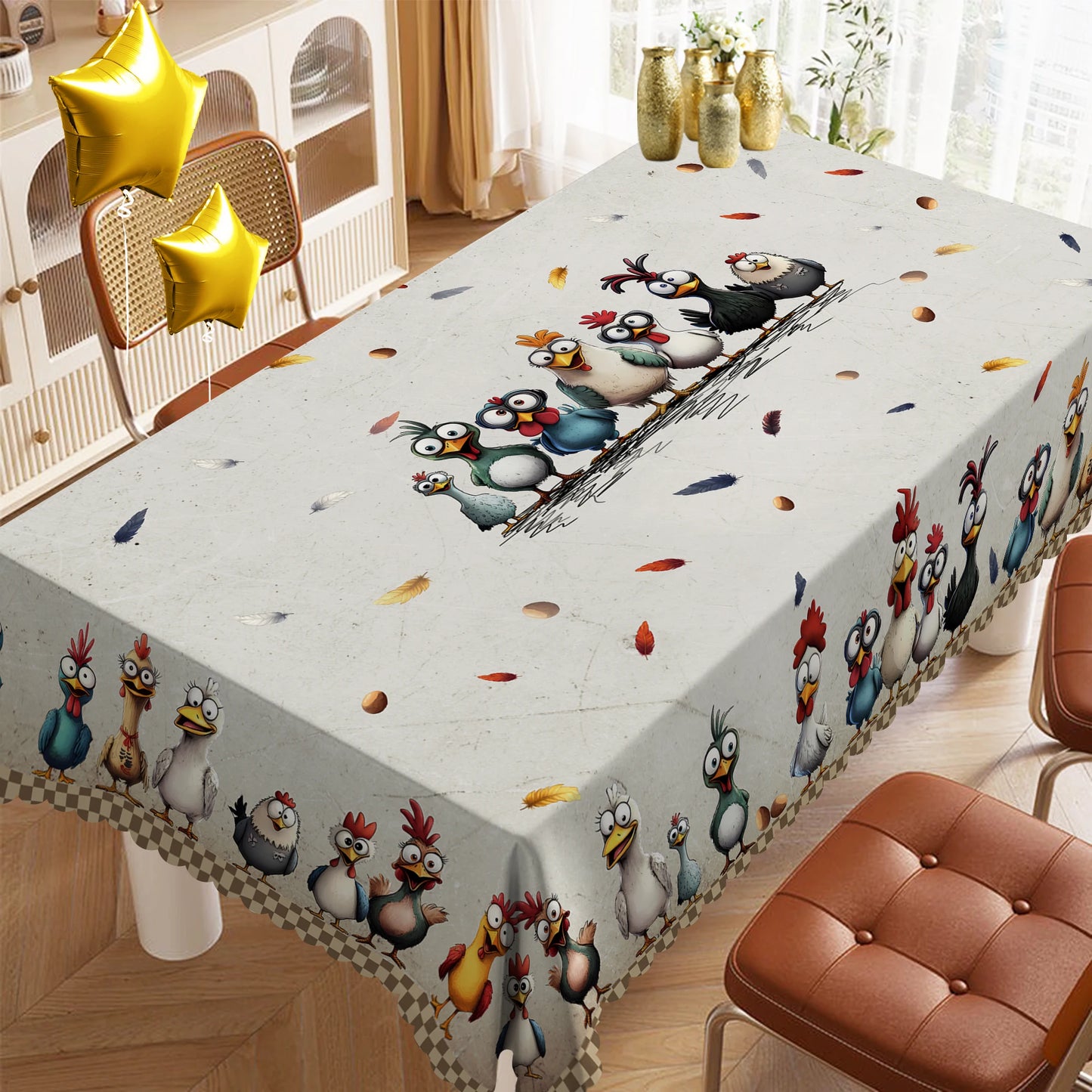 Cute Crazy Chicken Polyester Tablecloth, Featuring Various Adorable Chicken Patterns in Different Colors, Colorful Feathers, Egg Prints, Embossed Edges, Waterproof, Wrinkle-Resistant, Fade-Resistant, Suitable for Rectangular
