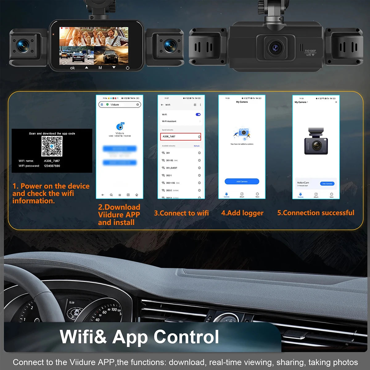 Dashcam 4 Channels WiFi Car DVR Dashboard Cameras for Car Way Back Box Parking Mode 24H Front and Rear Interior 360 Dash Cam