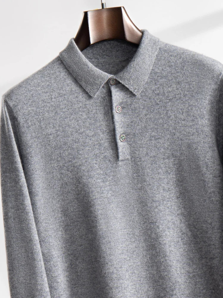 ANGEL 2024 Men's New POLO Shirt 100% Cashmere Knitted Pullover Solid Color Sweater Fall Winter Casual Business Office Jacket