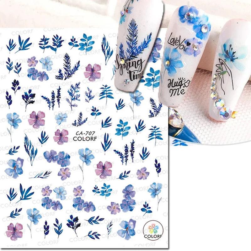 3d Nail Art Decals Watercolor Florals Purple Green Pink Flowers Leafs Fruit Adhesive Sliders Nail Stickers For Manicure