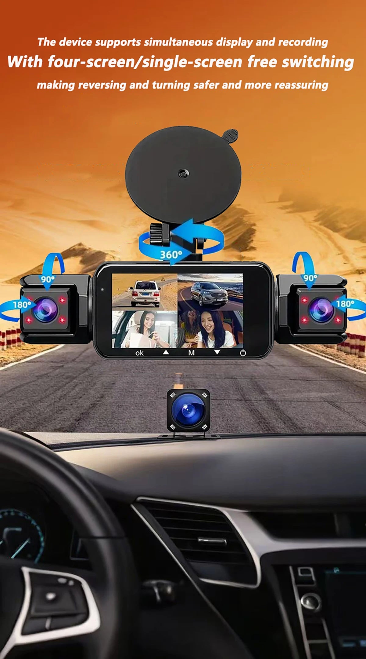 Dashcam 4 Channels WiFi Car DVR Dashboard Cameras for Car Way Back Box Parking Mode 24H Front and Rear Interior 360 Dash Cam