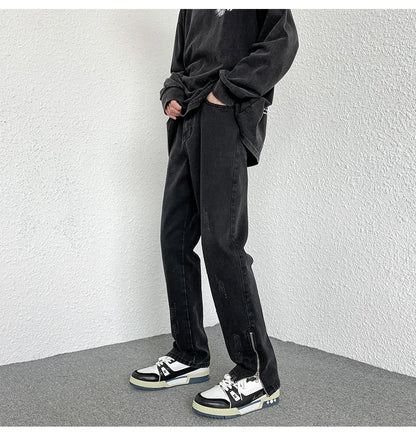 2024 Spring Autumn Korean Men Fashionable Retro Street Jeans Zip Design on Trouser Legs Straight-leg Denim Pants Men's Clothing