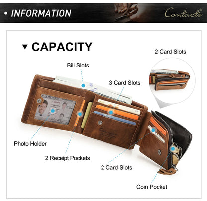 CONTACT'S Genuine Leather Short Wallets for Men Trifold Card Holder Money Clip Coin Purse Male Pocket Wallets Men's Purse Bags