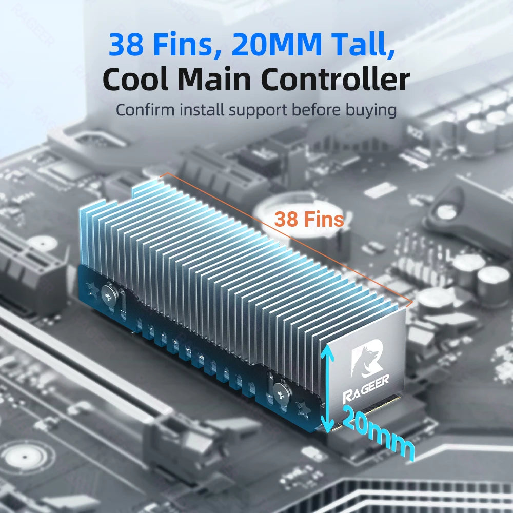 RAGEER M.2 SSD Cooler, Heavy Duty Aluminum Convection Heat Sink, NVME NGFF Cooler,  FrostBlade 1 Passive Heat Sink with 38 Fins