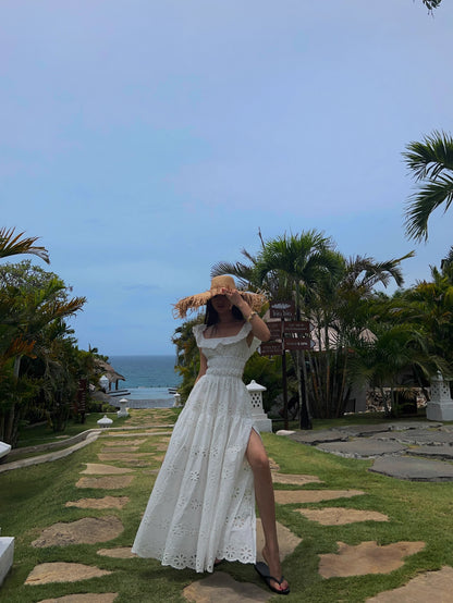 White Embroidered Hollow Out Dress For Women'S Summer Strapless Square Neck With A Unique Open Back Design, Slim Fit Long Skirt