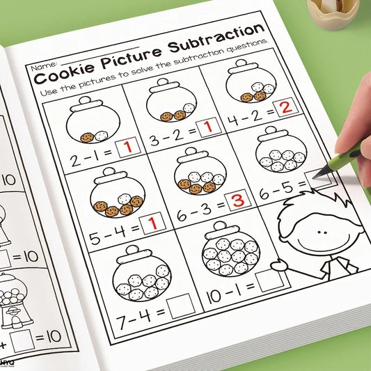 32-Page Interactive Math Learning Workbook with Addition & Subtraction Worksheets, Crossword Puzzles, Colorful Math Activities