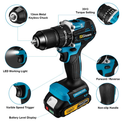 GIsam 13mm Electric Drill Brushless Impact Screwdriver Dual Speed 35+3 Torque Cordless Power Tool for Makita 18V Battery Pins