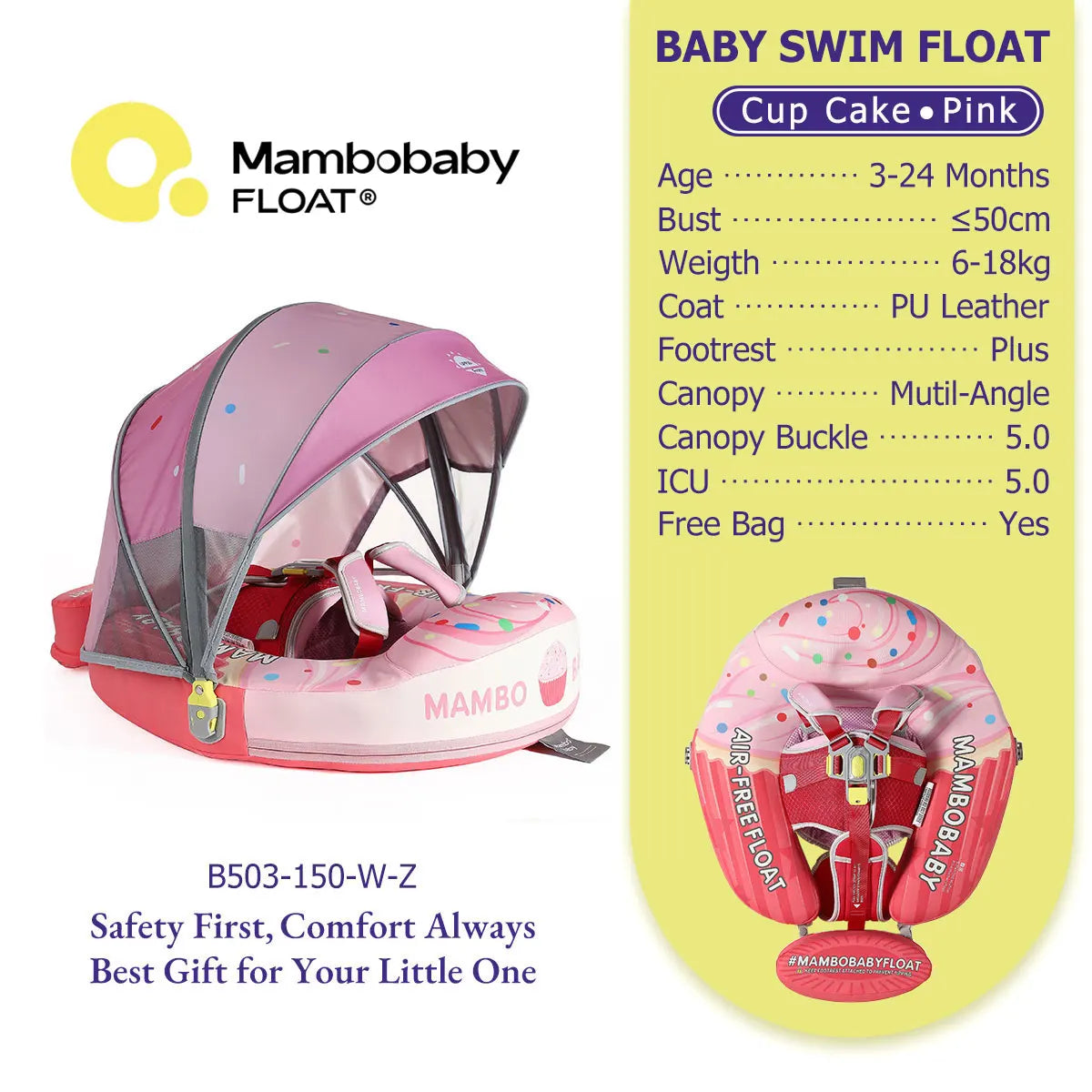 Mambobaby Float 98% UV Protection Canopy Safe Air-Free Core Comfort Skin-friendly Design Baby Swim Ring Toddler Pool Float Infant Swim Circle Swimming Buoy 1 Years 3-34 Months Boy and Girl Globally Certified Safe Design