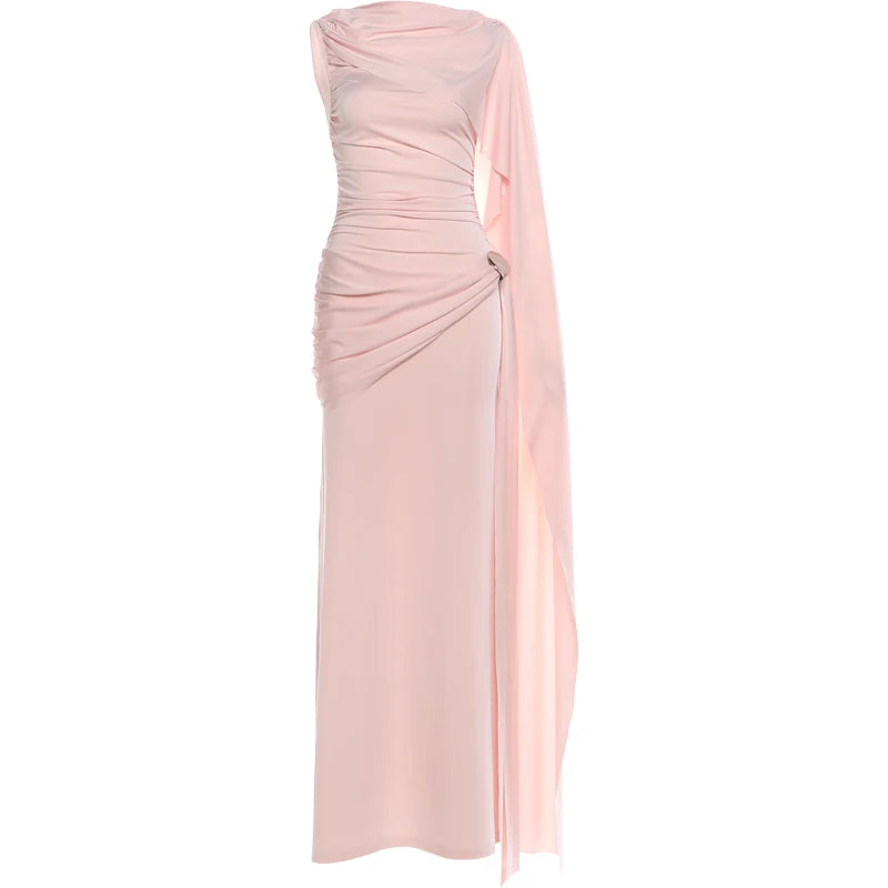 Weird Puss Elegant Party Dress Woman Ruched o-Neck Sleeveless Irregular Ribbon Metal Trim Classic Chic Birthday Banquet Vestidos