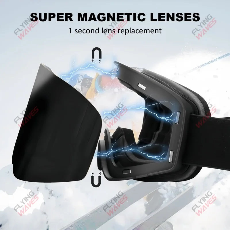 Professional Ski Goggles Adult Frameless Snow Goggles 100% UV400 Anti-Fog Magnetic Replaceable Lenses Snowboard Goggles