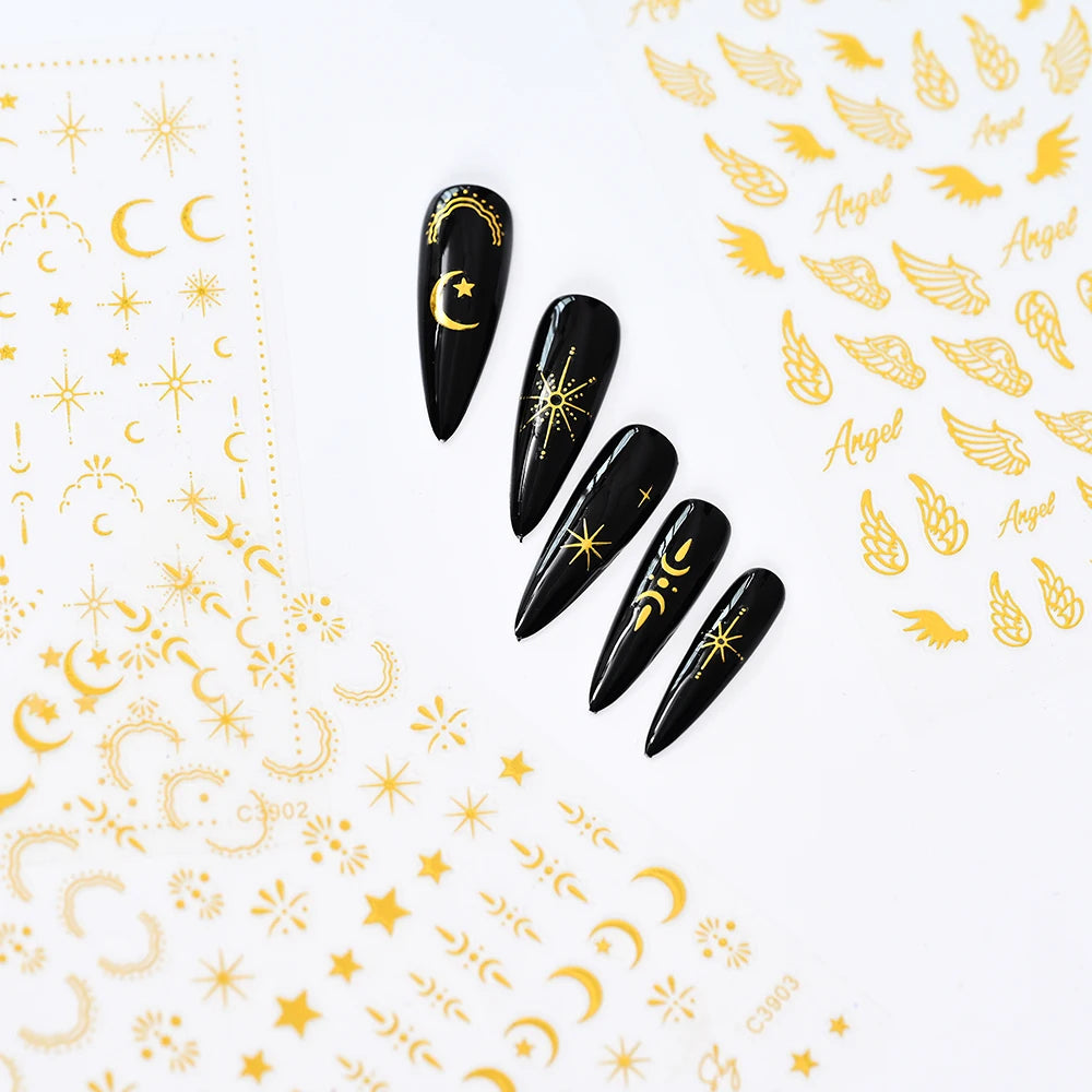3D Gold Sun/Moon/Star Bronzing Nail Art Sticker 8*10cm Laser Star Moon Design Nail Decal Gold Silver Self-Adhesive Slider &*&
