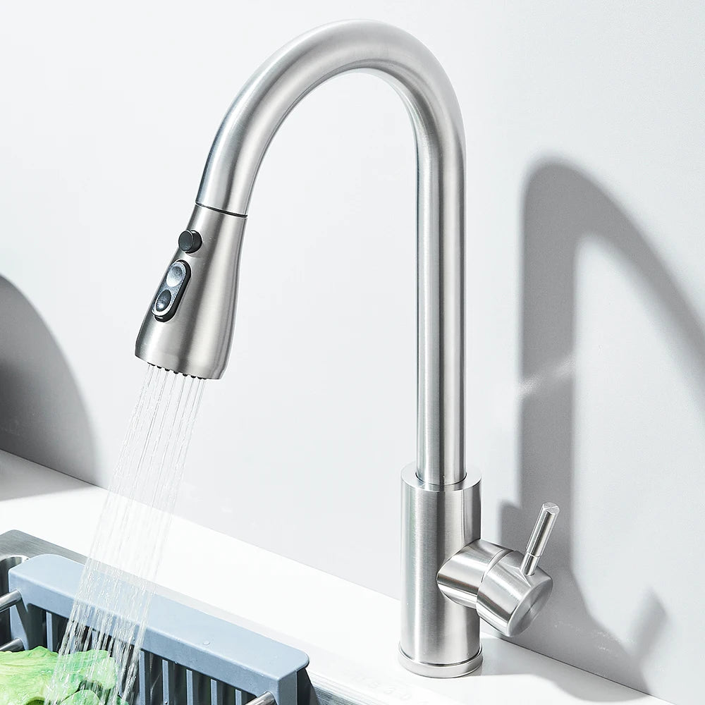Kitchen Faucets Brushed Nickel Pull Out Kitchen Sink Water Tap Deck Mounted Mixer Stream Sprayer Head Hot Cold Taps Sliver