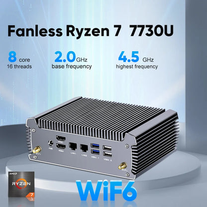 Topton Fanless AMD Mini PC FU02 Ryzen 7 7730U 5825U R5 5600U 4500U Gaming Computer Dual LAN Firewall 2*HDMI2.0 NVMe DDR4 WiFi6