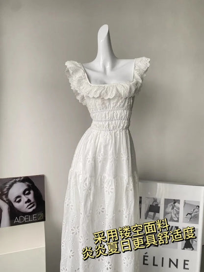 White Embroidered Hollow Out Dress For Women'S Summer Strapless Square Neck With A Unique Open Back Design, Slim Fit Long Skirt