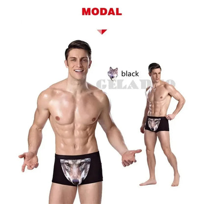 Men 3D Printed Boxer Shorts Wolf Eagle Head Pattern Mid Waist Flat Angle Underpants Soft Modal Knitted Breathable Underwear