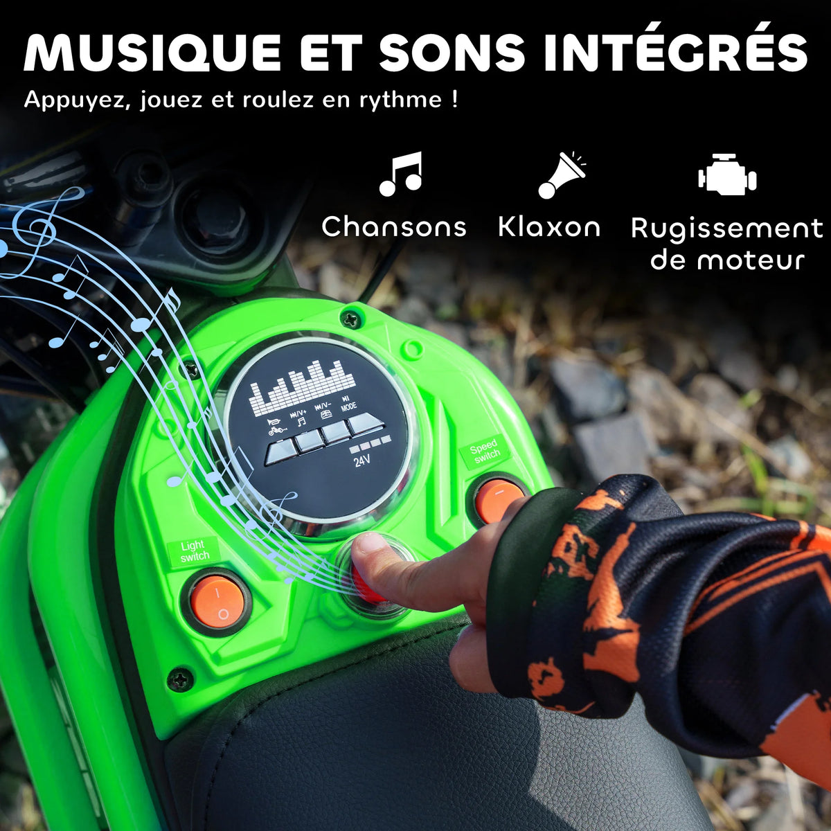 Electric motorcycle for children, off-road motorcycle, electric motorcycle for kids, 350 W engine, 12 V battery, 8–16 km/h, 12-inch pneumatic tires, green, children’s motorcycle