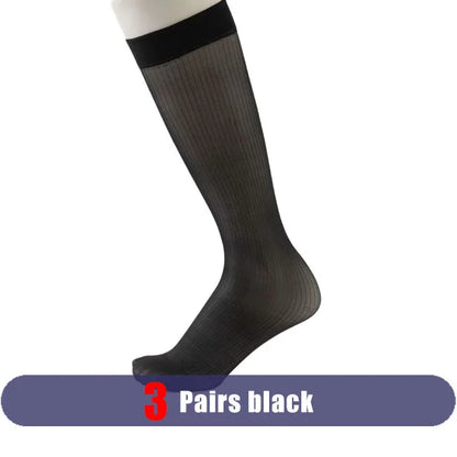 3 Pairs Summer Man Silk Socks Long Business Thin Nylon Striped Breathable Soft Elastic Below Knee Calf Formal Wear Crew Socks