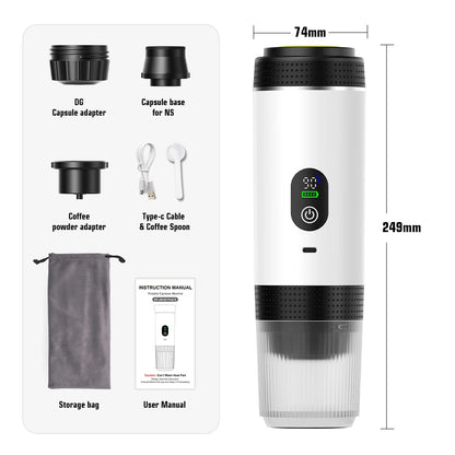 DENOKIN 3-in-1 Capsule Coffee Maker With Digital Display Portable Espresso Coffee Machine for Car & Home Camping Coffee Maker