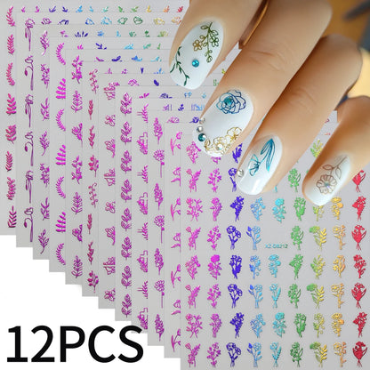 12Pcs 3D Gold Exquisite Flower Leaf Nail Art Stickers Metallic Floral Leaves Self-Adhesive Nail Decals DIY Retro Manicure Decor
