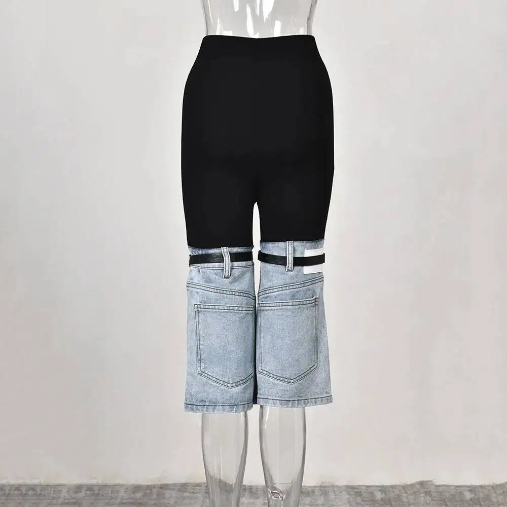 LGRQ Denim Patchwork Pants For Women Fashion New High Waist Contrast Color Belt Straight Pant Female 2026 Summer New 17A2013H