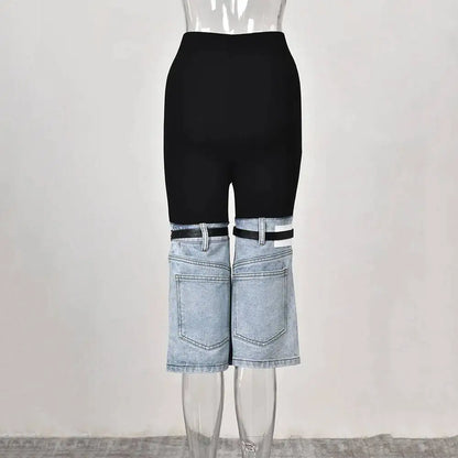 LGRQ Denim Patchwork Pants For Women Fashion New High Waist Contrast Color Belt Straight Pant Female 2026 Summer New 17A2013H
