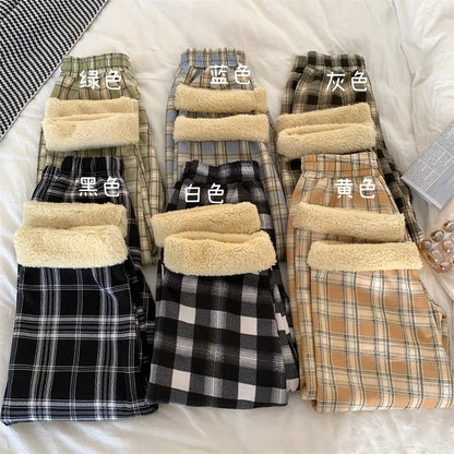 JMPRS Fashion Warm Plush Pants Thick Plaid Women Casual Loose Wide Leg Trousers Korean Streetwear Straight Student Pants New