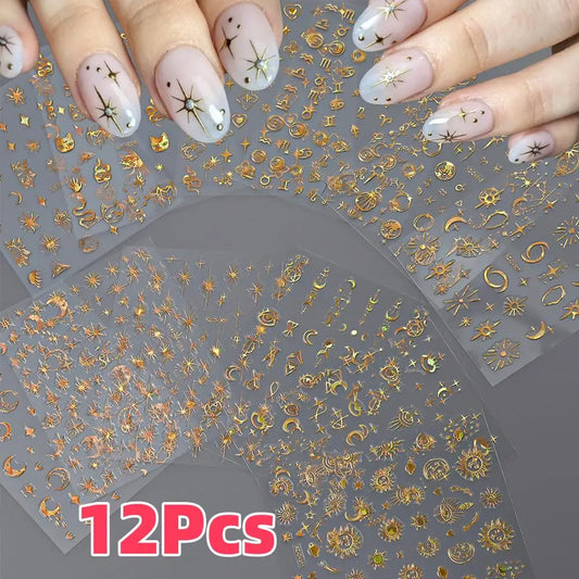 12Pcs 3D Gold Star Moon Sun Nail Stickers 10*8cm Y2K Starlight Self-adhesive Nail Decals Snake Cat Slider DIY Manicure Accessory
