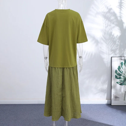 2026 Summer New Loose Patchwork Dresses Women's Pleated Fashion Short Sleeve O-neck Long Robes Female Elegant Casual Dress