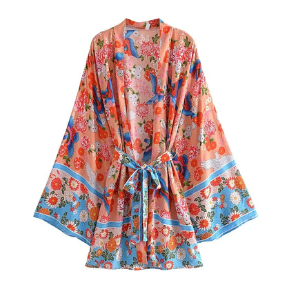 Boho Queens Vintage Peacock Floral Print Sashes Beach Kimono Women Bohemian Wrap Batwing Sleeves Holiday Bikini Cover-ups