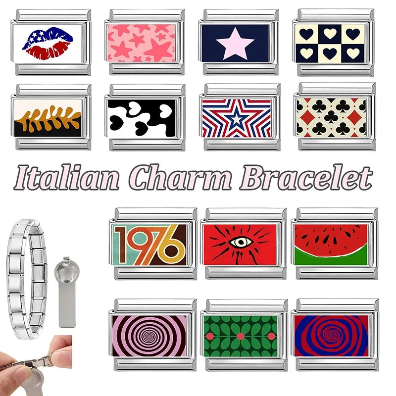 2026 Women Colored Star 1976 Eyes Heart Swan Watermelon Charms Italian Links Fit 9mm Bracelet Stainless Steel DIY Making Jewelry