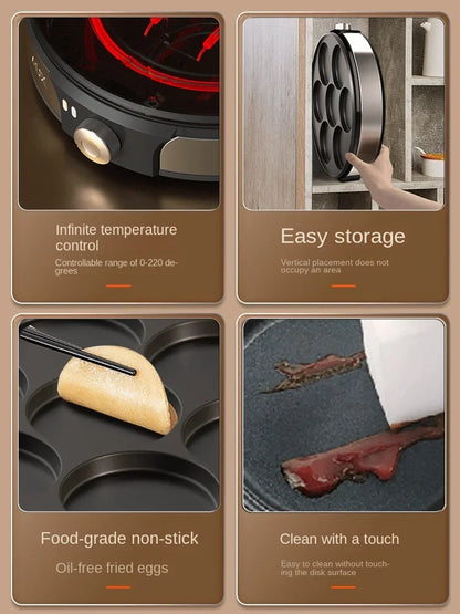 220V Professional Crepe Maker with 7 Holes Egg Burgers Crepes and Omelettes Baking Pan Perfect for Breakfast