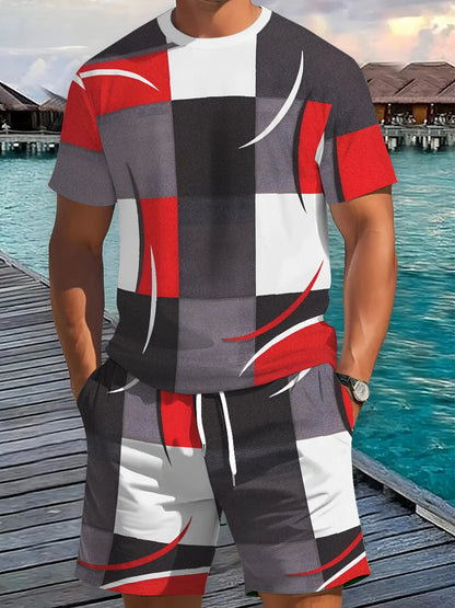 2026 Summer New Arrival Men's Casual Two-Piece Set Striped Print Short-Sleeve Shirt and Athletic Shorts Set Men's Fitness Set