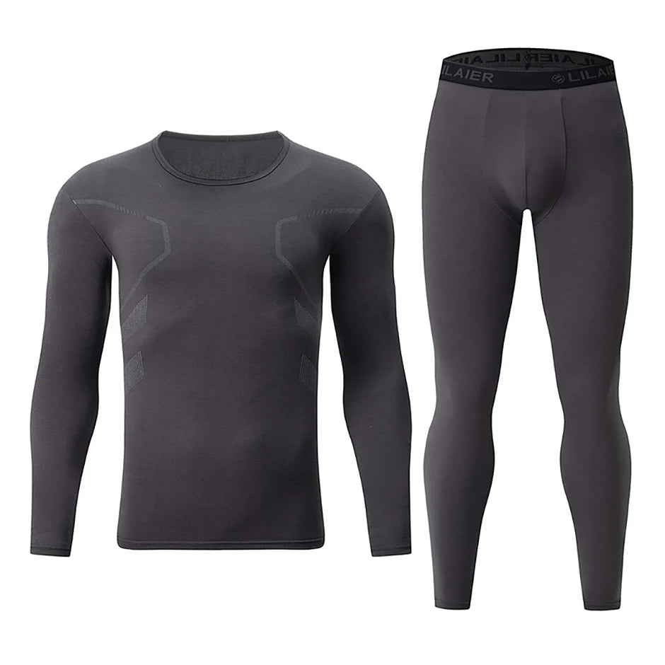 2-piece Men's Autumn And Winter Solid Color Round Neck Fashionable Printed Sports Thermal Underwear Set Simple And Comfortable
