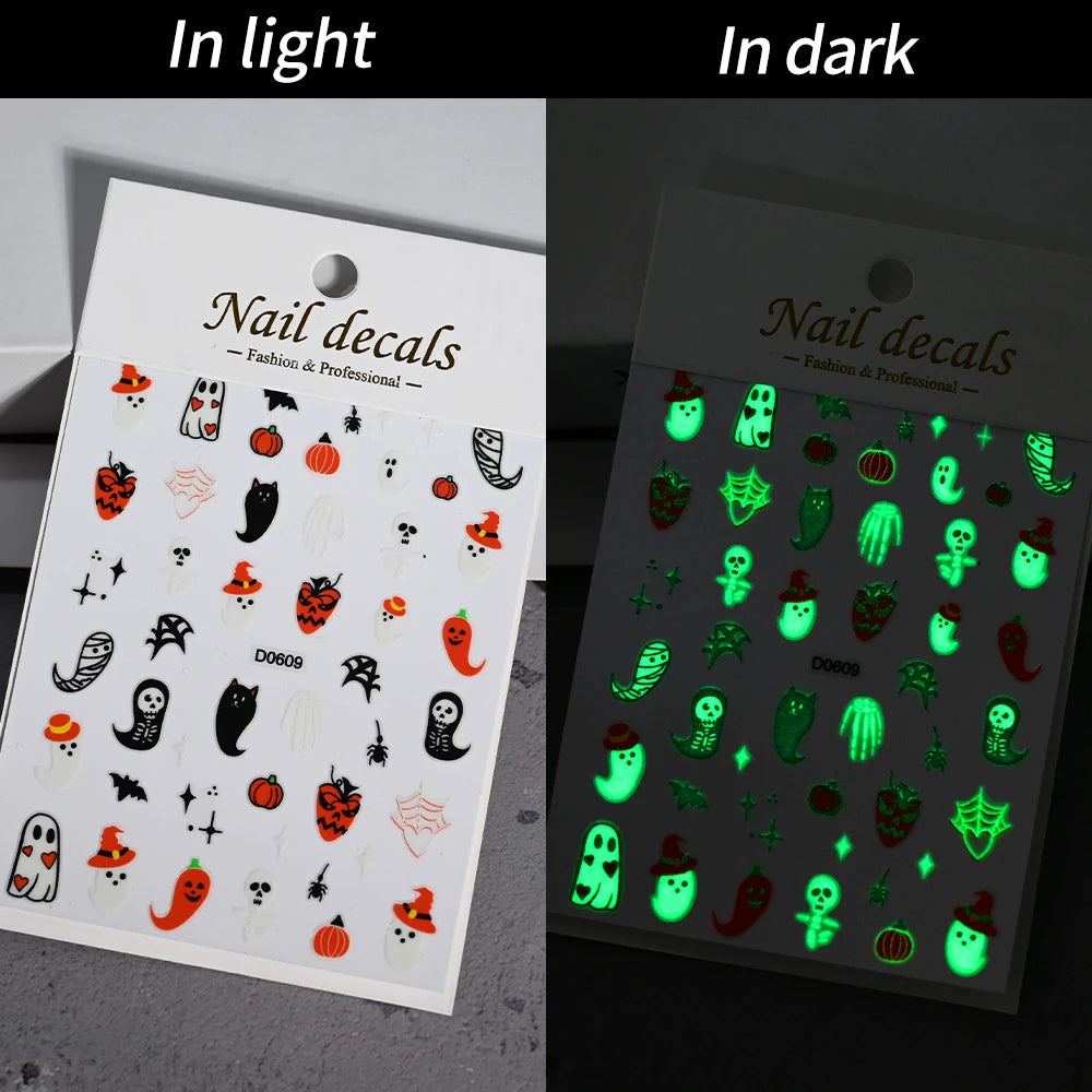 1sheet 5D Halloween Nail Stickers Pink/Green/Black Cartoon Pattern Nail Art Slider DIY For Sweet Cool Girl Cute Nail Decoration